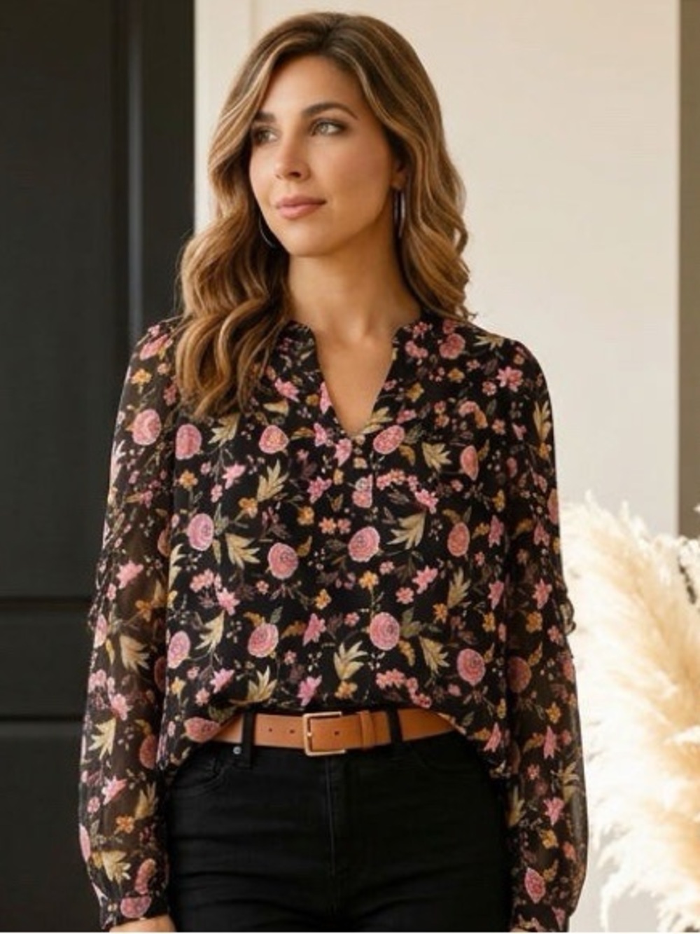 LOFT Petite Black Pink Floral Ruffle Sleeve Henley Blouse MP